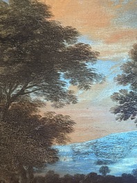 Flemish school: Two travelers and a donkey in a landscape, oil on panel, 17th C.