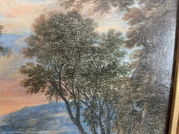 Flemish school: Two travelers and a donkey in a landscape, oil on panel, 17th C.