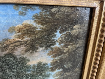 Flemish school: Two travelers and a donkey in a landscape, oil on panel, 17th C.