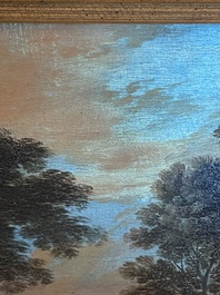 Flemish school: Two travelers and a donkey in a landscape, oil on panel, 17th C.