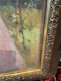 Louise De Hem (1866-1922): Portrait of a lady in a pink dress with a flower in her hand in a garden, pastel on paper marouflated on canvas