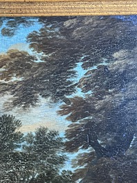 Flemish school: Two travelers and a donkey in a landscape, oil on panel, 17th C.