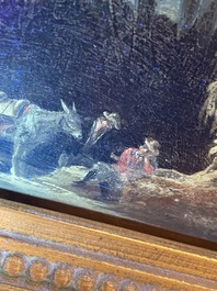 Flemish school: Two travelers and a donkey in a landscape, oil on panel, 17th C.