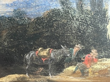 Flemish school: Two travelers and a donkey in a landscape, oil on panel, 17th C.