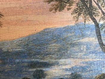 Flemish school: Two travelers and a donkey in a landscape, oil on panel, 17th C.