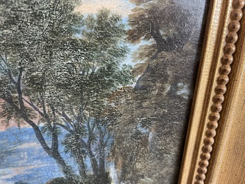 Flemish school: Two travelers and a donkey in a landscape, oil on panel, 17th C.