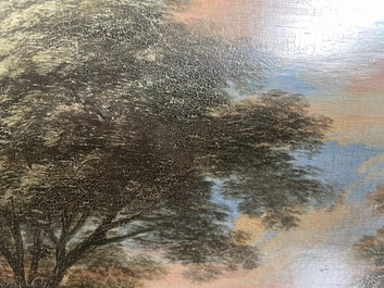 Flemish school: Two travelers and a donkey in a landscape, oil on panel, 17th C.