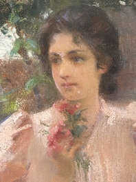 Louise De Hem (1866-1922): Portrait of a lady in a pink dress with a flower in her hand in a garden, pastel on paper marouflated on canvas