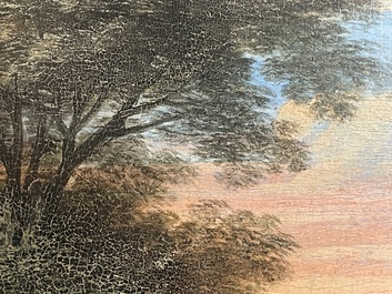 Flemish school: Two travelers and a donkey in a landscape, oil on panel, 17th C.