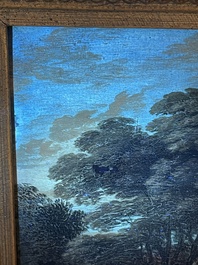 Flemish school: Two travelers and a donkey in a landscape, oil on panel, 17th C.