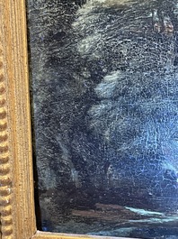 Flemish school: Two travelers and a donkey in a landscape, oil on panel, 17th C.