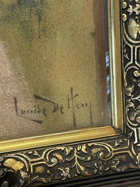 Louise De Hem (1866-1922): Portrait of a lady in a pink dress with a flower in her hand in a garden, pastel on paper marouflated on canvas