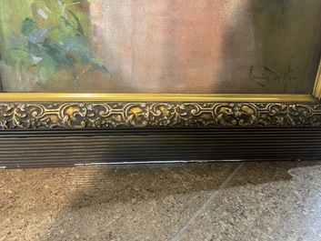 Louise De Hem (1866-1922): Portrait of a lady in a pink dress with a flower in her hand in a garden, pastel on paper marouflated on canvas