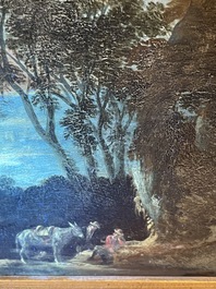 Flemish school: Two travelers and a donkey in a landscape, oil on panel, 17th C.