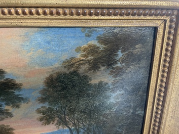 Flemish school: Two travelers and a donkey in a landscape, oil on panel, 17th C.