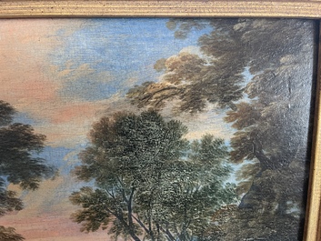 Flemish school: Two travelers and a donkey in a landscape, oil on panel, 17th C.