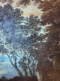 Flemish school: Two travelers and a donkey in a landscape, oil on panel, 17th C.