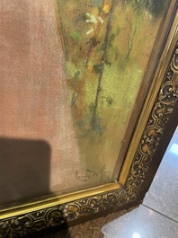 Louise De Hem (1866-1922): Portrait of a lady in a pink dress with a flower in her hand in a garden, pastel on paper marouflated on canvas