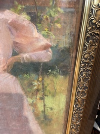 Louise De Hem (1866-1922): Portrait of a lady in a pink dress with a flower in her hand in a garden, pastel on paper marouflated on canvas