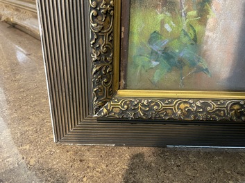 Louise De Hem (1866-1922): Portrait of a lady in a pink dress with a flower in her hand in a garden, pastel on paper marouflated on canvas