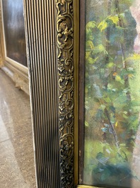 Louise De Hem (1866-1922): Portrait of a lady in a pink dress with a flower in her hand in a garden, pastel on paper marouflated on canvas