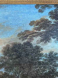 Flemish school: Two travelers and a donkey in a landscape, oil on panel, 17th C.