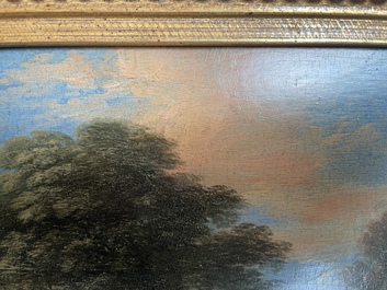 Flemish school: Two travelers and a donkey in a landscape, oil on panel, 17th C.