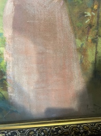 Louise De Hem (1866-1922): Portrait of a lady in a pink dress with a flower in her hand in a garden, pastel on paper marouflated on canvas