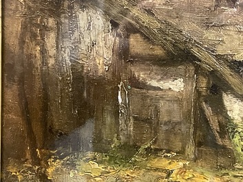 Isidore Verheyden (1846-1905): Vue anim&eacute;e d'une ferme, huile sur panneau