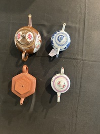 Four Chinese blue and white, famille rose and Yixing stoneware teapots, Kangxi/Qianlong