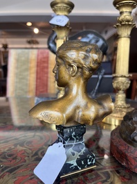 Alexandre Falgui&egrave;re (1831-1900): Buste de Diane, bronze dor&eacute; sur socle en marbre, marque de fonderie 'Thiebaut Fr&egrave;res Paris'
