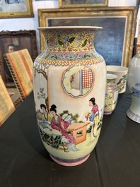 A Chinese famille rose vase with court ladies relaxing in a palace garden, Qianlong mark, Republic, 20th C.