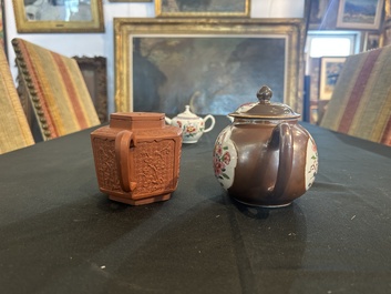Four Chinese blue and white, famille rose and Yixing stoneware teapots, Kangxi/Qianlong