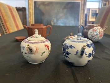 Four Chinese blue and white, famille rose and Yixing stoneware teapots, Kangxi/Qianlong