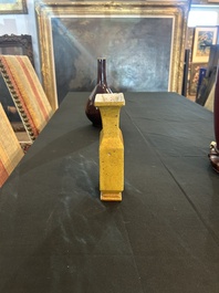 Trois vases en porcelaine monochrome jaune et sang-de-boeuf, un mont&eacute; en lampe, 19&egrave;me/20&egrave;me si&egrave;cle