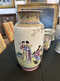 A Chinese famille rose vase with court ladies relaxing in a palace garden, Qianlong mark, Republic, 20th C.