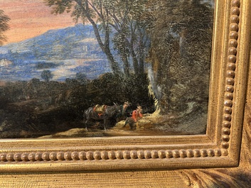 &Eacute;cole flamande: Deux voyageurs et un &acirc;ne dans un paysage, huile sur panneau, 17&egrave;me si&egrave;cle