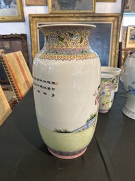 A Chinese famille rose vase with court ladies relaxing in a palace garden, Qianlong mark, Republic, 20th C.