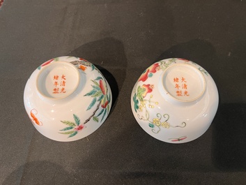 A Chinese famille rose '100 butterflies' vase and two bowls with peaches and balsam pears, Qianlong mark, 20th C.