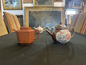 Four Chinese blue and white, famille rose and Yixing stoneware teapots, Kangxi/Qianlong