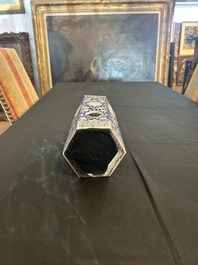 A Chinese reticulated hexagonal blue ground famille rose hatstand, 19th C.