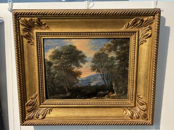 &Eacute;cole flamande: Deux voyageurs et un &acirc;ne dans un paysage, huile sur panneau, 17&egrave;me si&egrave;cle