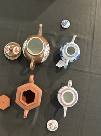 Four Chinese blue and white, famille rose and Yixing stoneware teapots, Kangxi/Qianlong