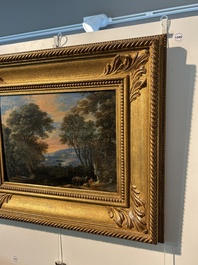 &Eacute;cole flamande: Deux voyageurs et un &acirc;ne dans un paysage, huile sur panneau, 17&egrave;me si&egrave;cle