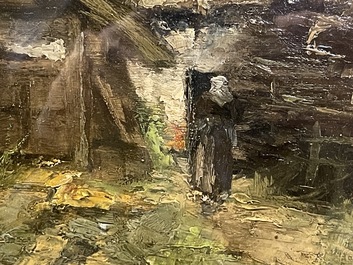 Isidore Verheyden (1846-1905): Vue anim&eacute;e d'une ferme, huile sur panneau
