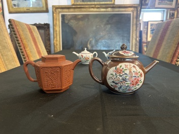 Four Chinese blue and white, famille rose and Yixing stoneware teapots, Kangxi/Qianlong