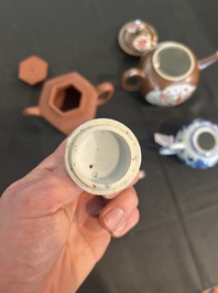Four Chinese blue and white, famille rose and Yixing stoneware teapots, Kangxi/Qianlong