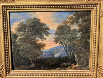 &Eacute;cole flamande: Deux voyageurs et un &acirc;ne dans un paysage, huile sur panneau, 17&egrave;me si&egrave;cle
