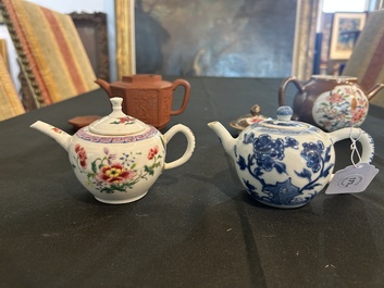 Four Chinese blue and white, famille rose and Yixing stoneware teapots, Kangxi/Qianlong
