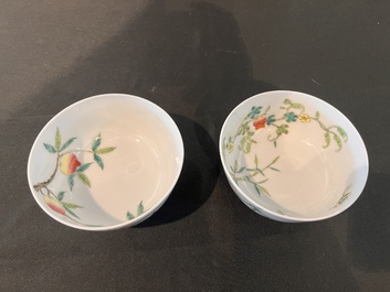 A Chinese famille rose '100 butterflies' vase and two bowls with peaches and balsam pears, Qianlong mark, 20th C.